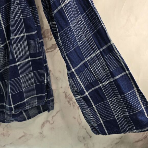 Cloth Stone Shirt Women Small Navy Blue Off Shoulder Check Plaid Slit Picnic - Picture 5 of 14